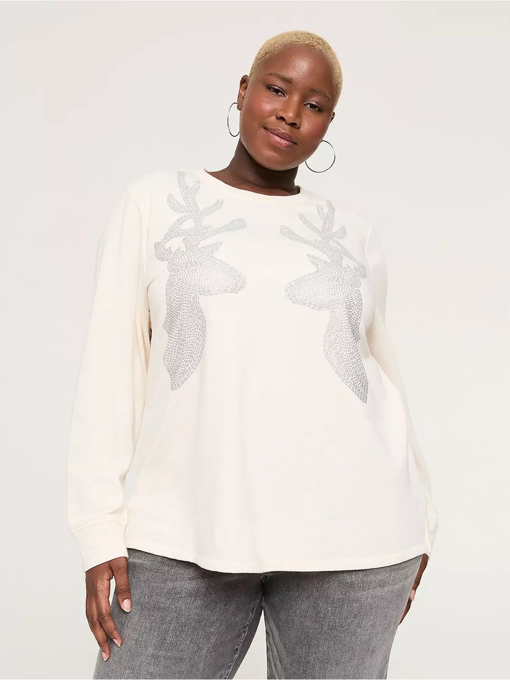 Lane Bryant Cream Oatmeal Long-Sleeve Reindeer Embellished Sweatshirt Christmas